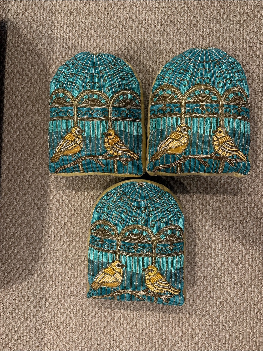 Decorative Teal and Gold Beaded Bird Accent Pillow Set - Home Accents 3 pillows